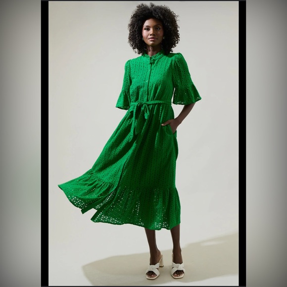 Chic Green Eyelet Midi Dress Sz S - Picture 1 of 9